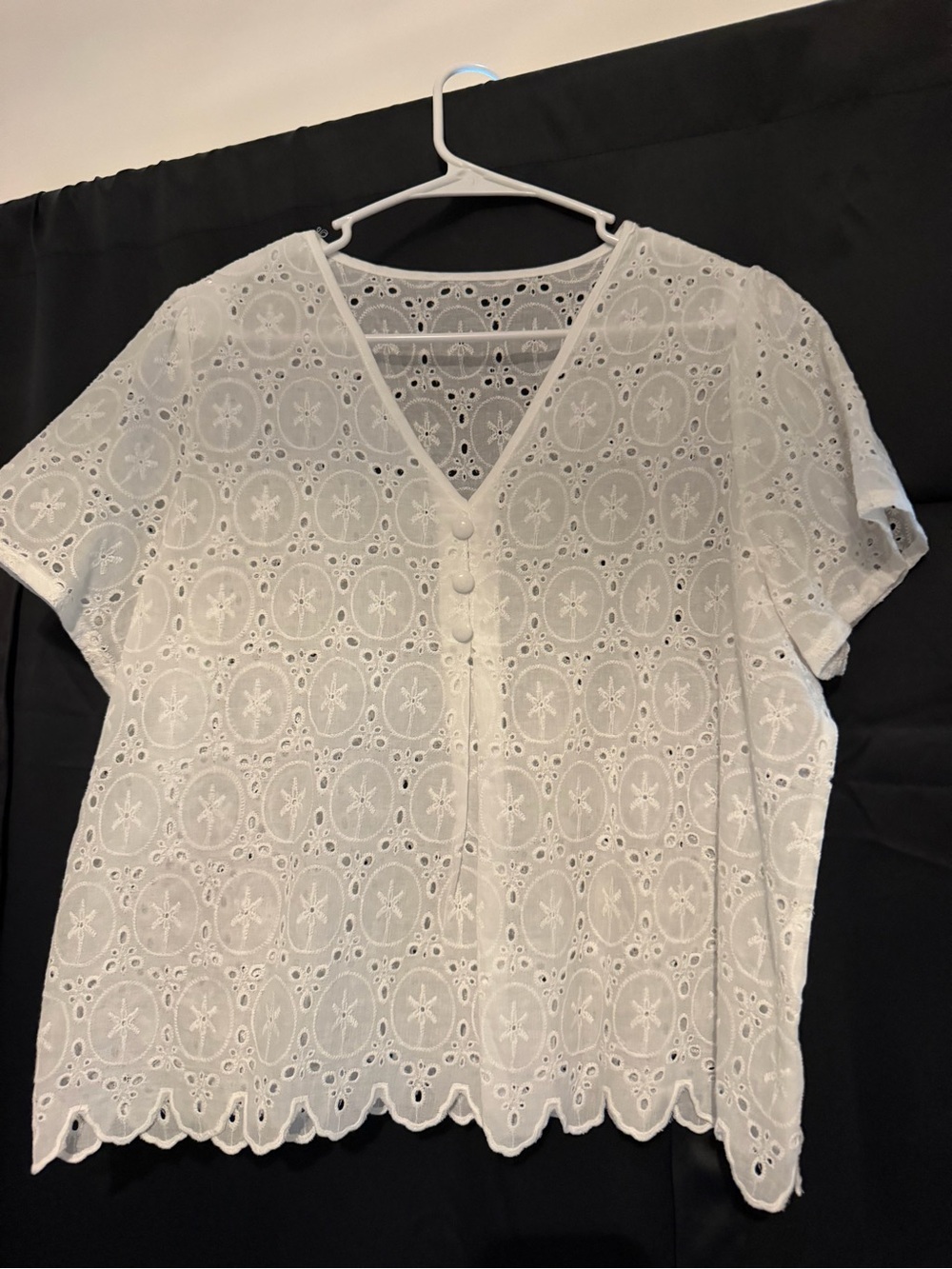 Women's White Eyelet V-Neck Button Front Top